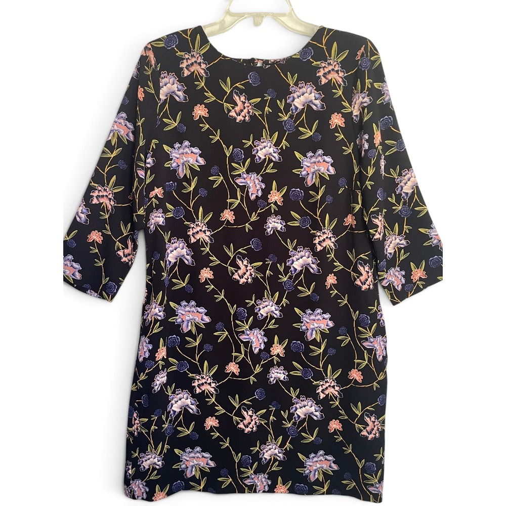 H&M Dark Floral Shift Dress 3/4 Sleeve Size 12 Lined Pockets Black Blue Retro